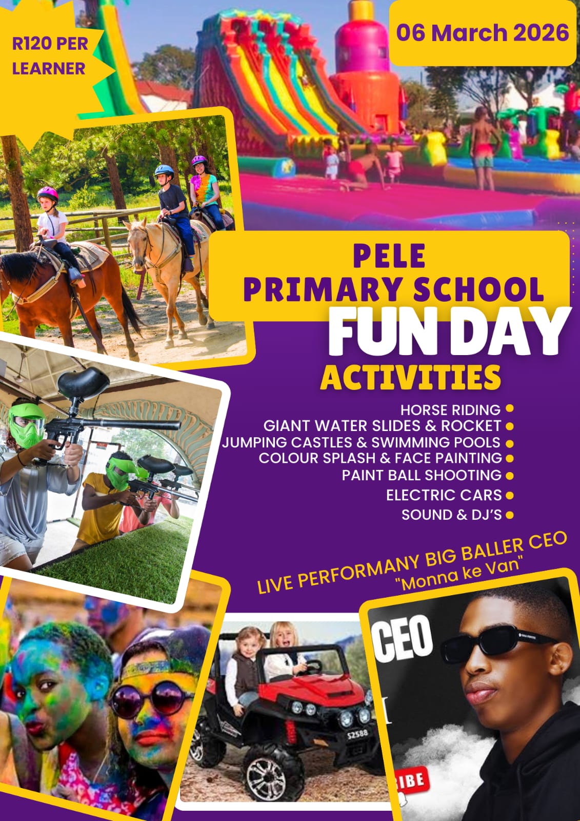 Pele Primary School Funday – 06 March 2026 – poster with all activities